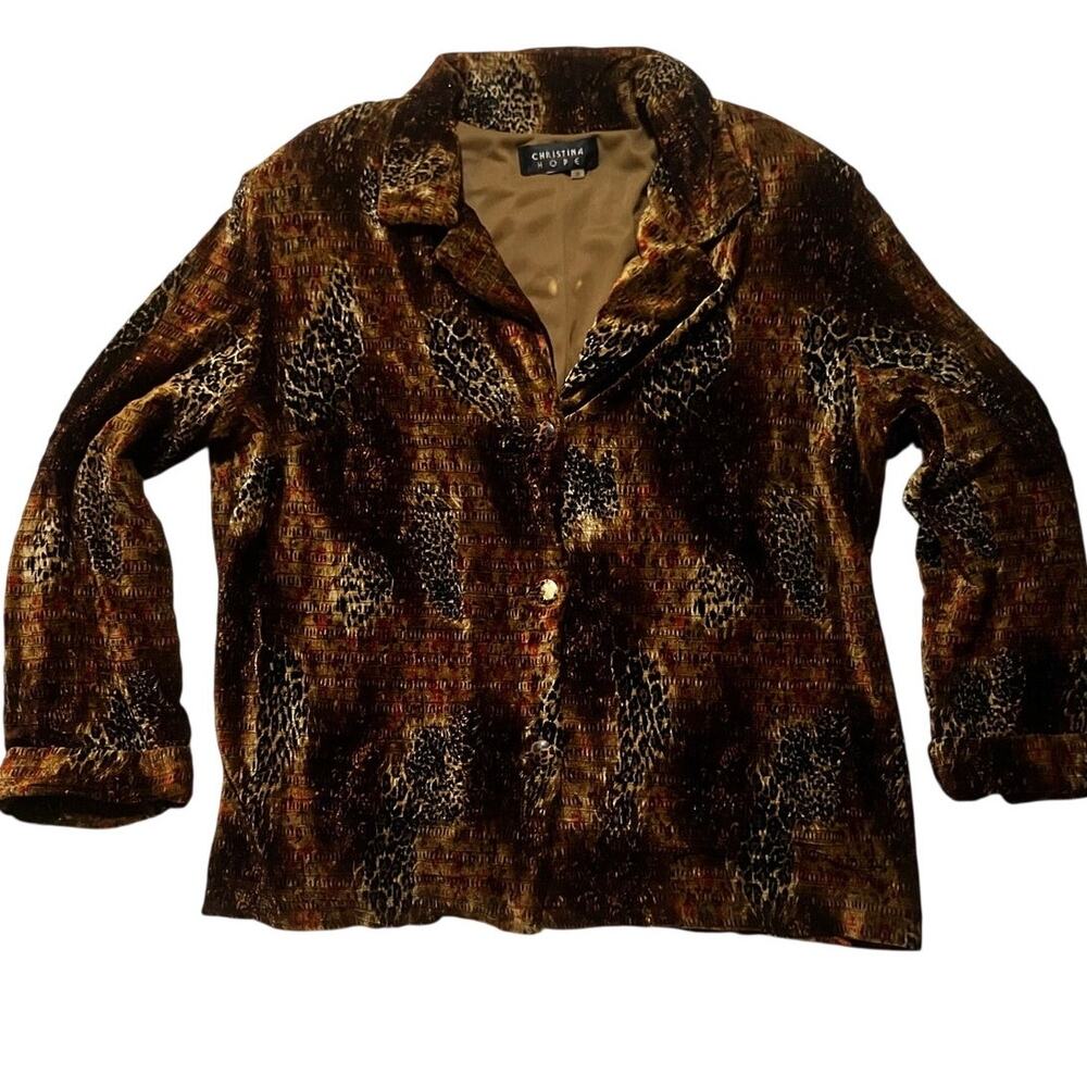 Christina Hope 1X Brown Velvet Floral Cheetah Blazer Church Office Vintage VTG.
